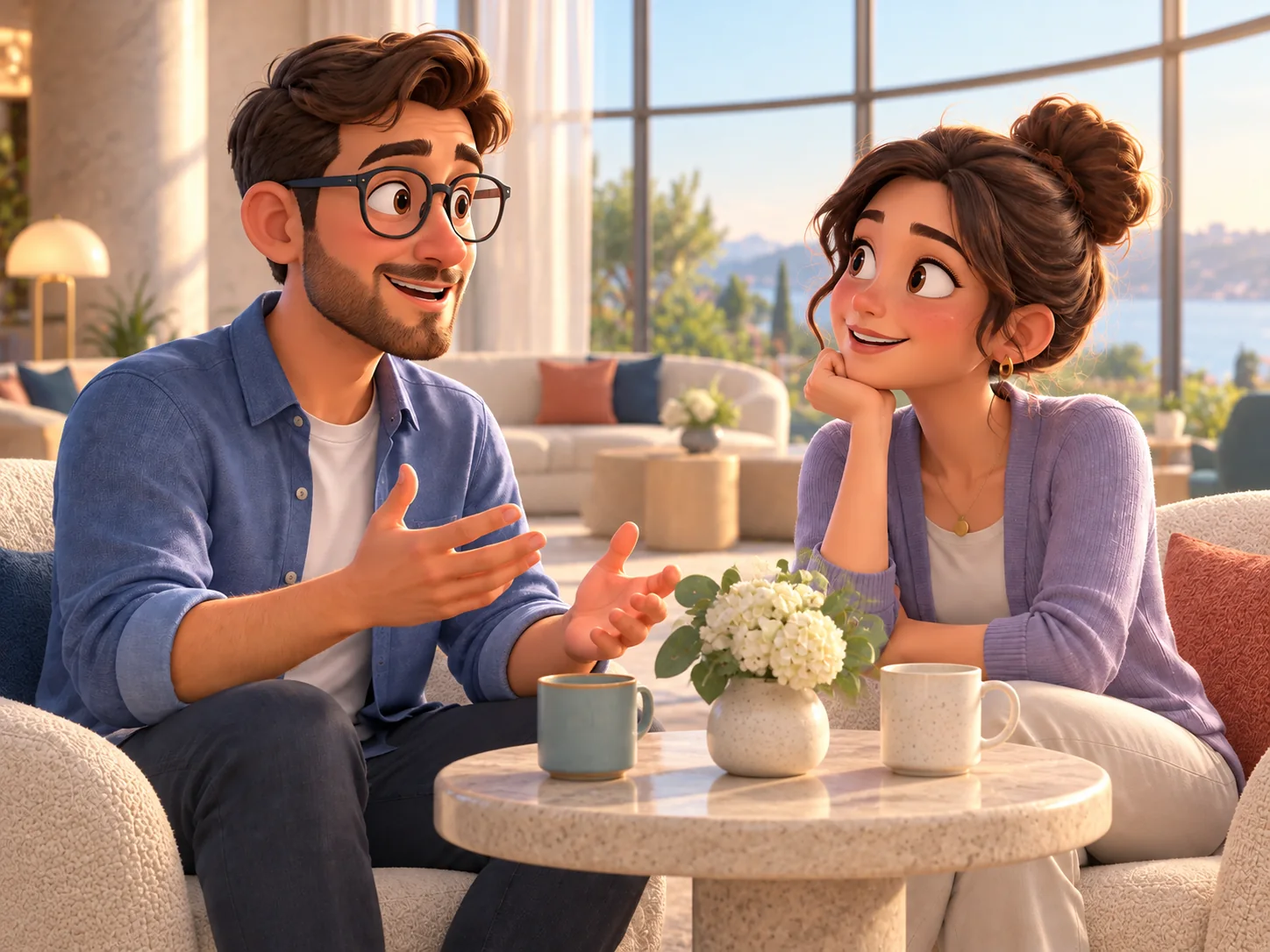 Two stylized 3D professionals having a focused conversation in a calm waterfront lounge