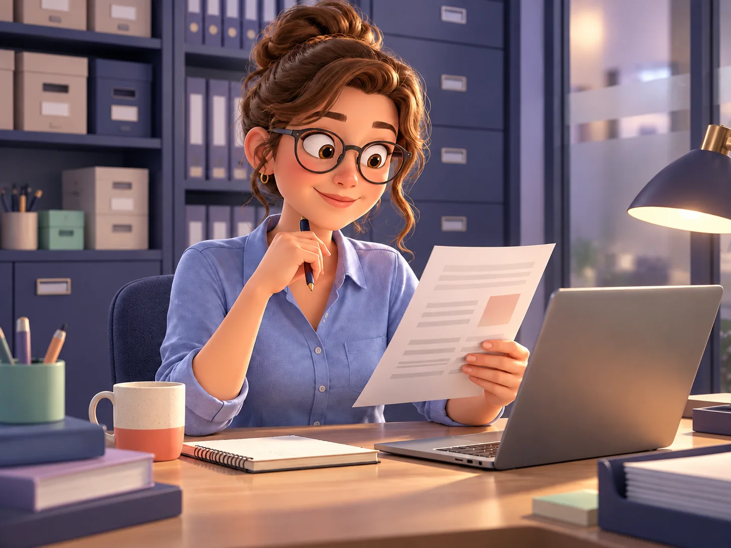 A stylized 3D operations specialist reviewing a report in a quiet records room