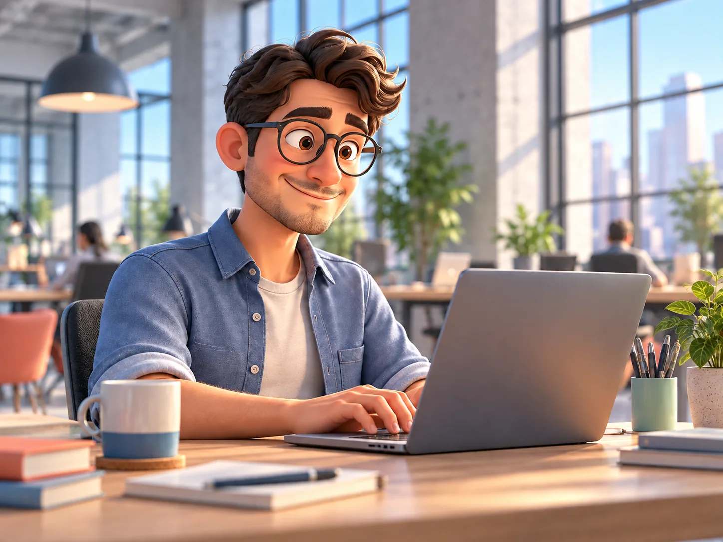 A stylized 3D operations professional working efficiently in a bright coworking studio