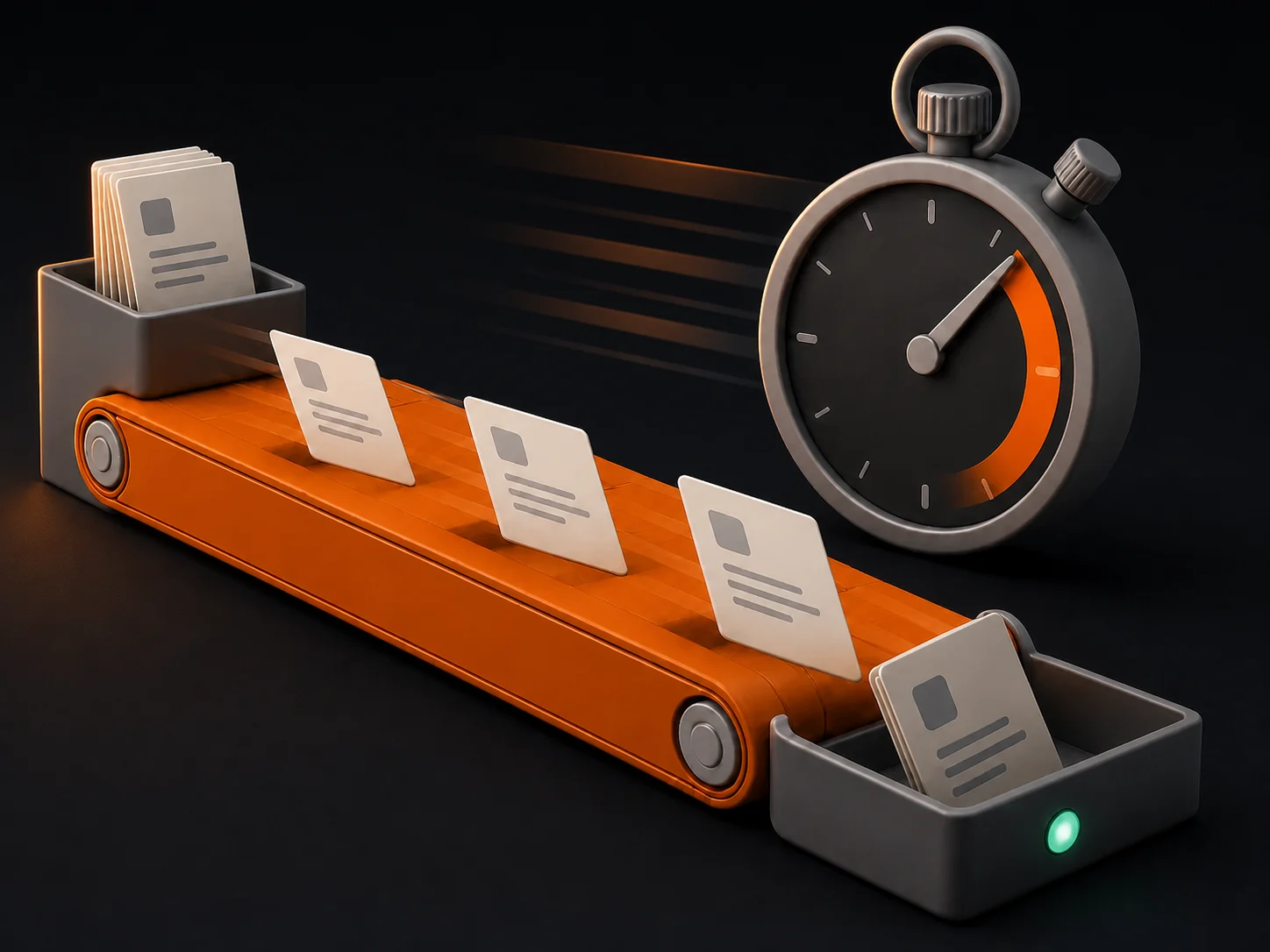 Business requests moving rapidly along a conveyor beside a stopwatch