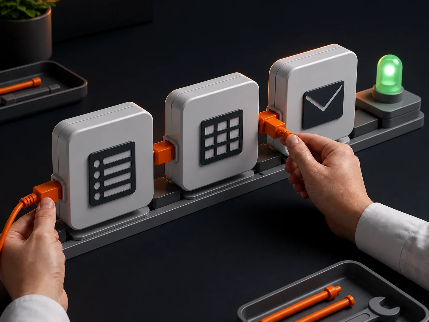 Hands assembling form, spreadsheet, and email modules on a workbench