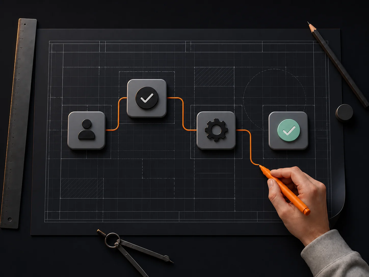 A hand designing a business workflow on a drafting blueprint