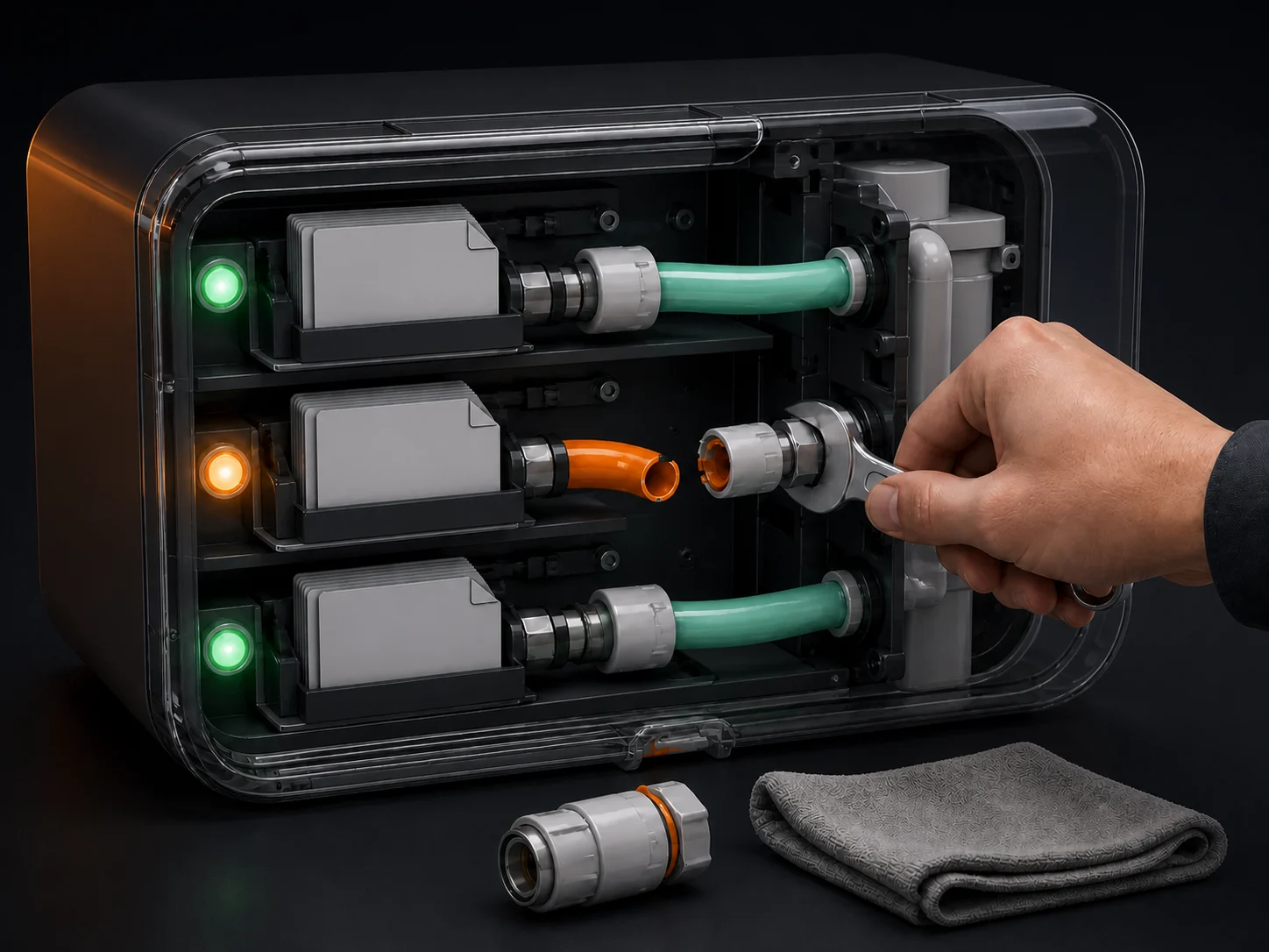 A hand repairing a disconnected channel inside an automation service unit